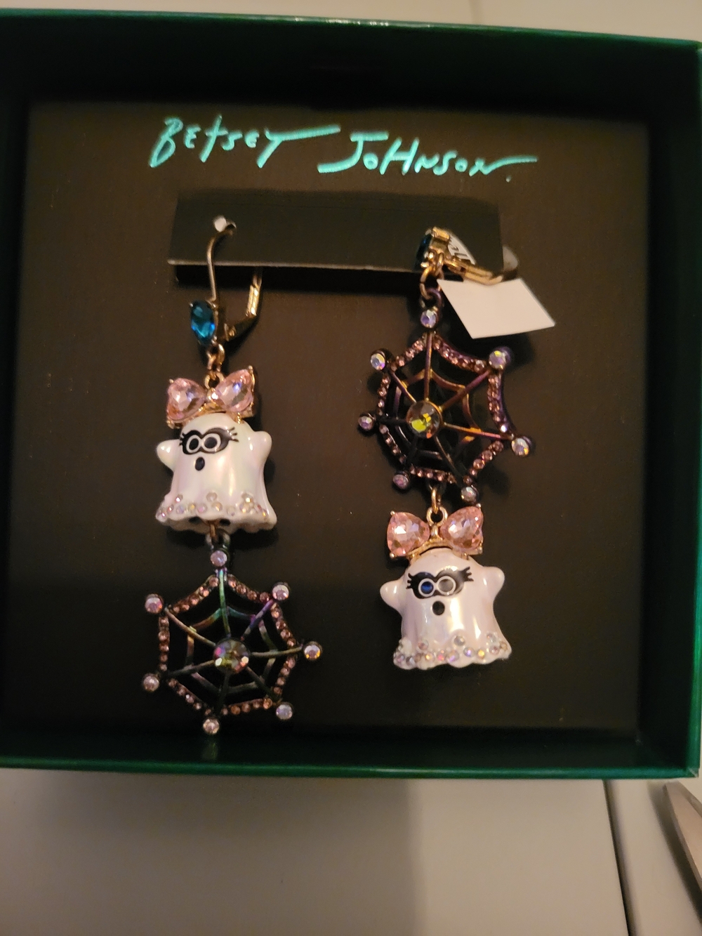Betsey Johnson White Ghost & Pink Bow Spiderweb Drop Earrings